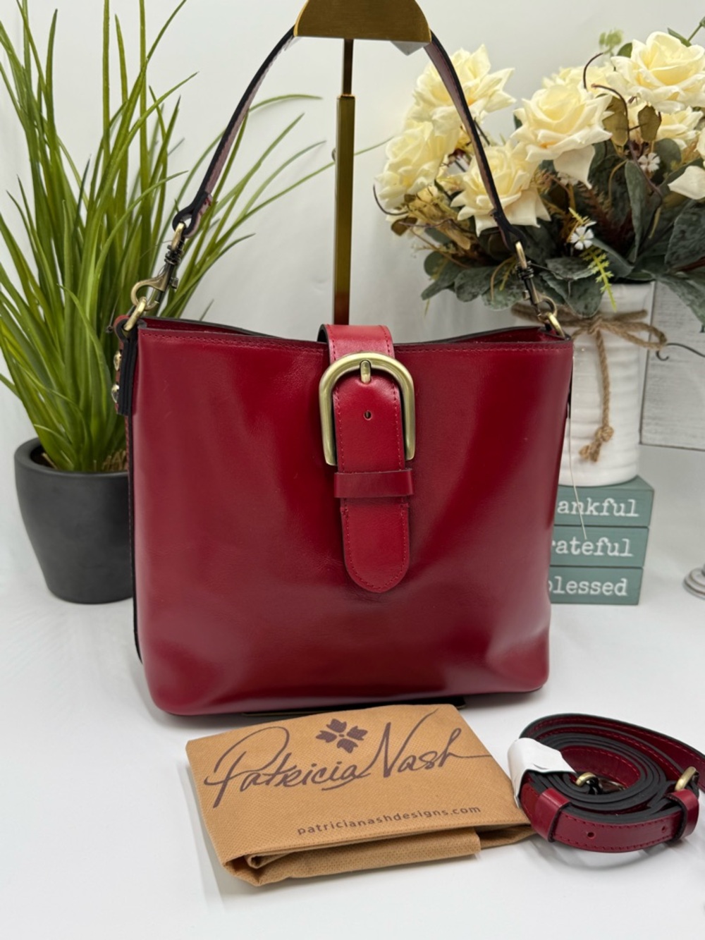 Patricia Nash Irving Bucket Bag in Berry Red Leather – Crossbody & Satchel